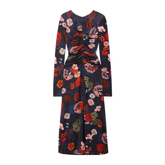 Cara Cara 'Maisy' Black Viscose Ruched Floral-Print Cotton-Jersey Midi Dress - Picture 1 of 4